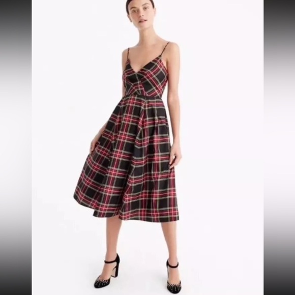 J. Crew Stewart Black Red Green Plaid Silk Blend Spaghetti Strap Dress Size 4 - Picture 1 of 5
